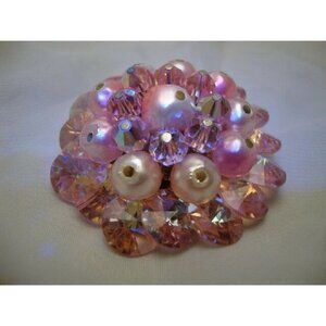Vintage Jewelry Pink AB Crystal Faux Pearl Brooch Pin Sparkle